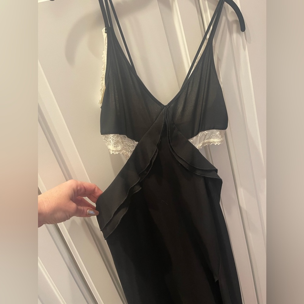 ZARA Black Slip Dress With Lace Underlay and Side Cutouts